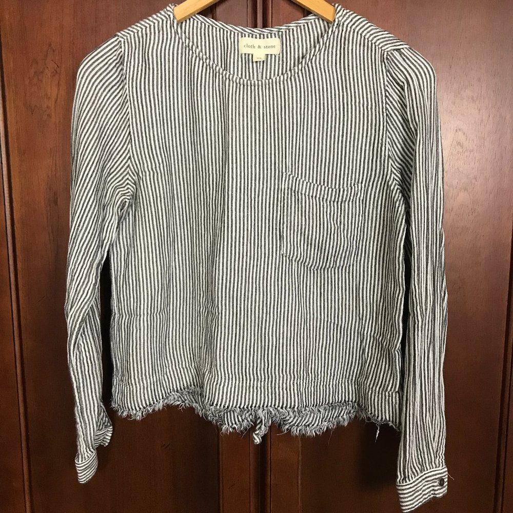 Cloth & Stone Blue White Strip Linen Blouse  Raw Hem Braided Size XS
